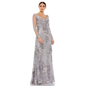 Mac Duggal Embellished V Neck Illusion Long Sleeve Gown-‎ NWT